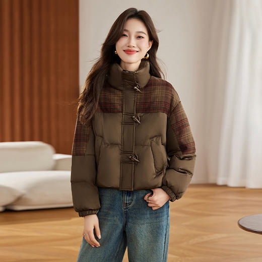 HR-WYN6107女式羽绒服2024冬季新款格子拼接加厚羽绒服百搭宽松白鸭绒外套 商品图1