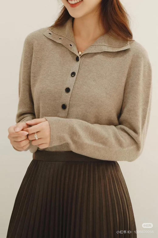 126-5 纯圆正 原色紫绒 百分百山羊绒 立领排扣 堆堆领 针织罩衫 商品图1