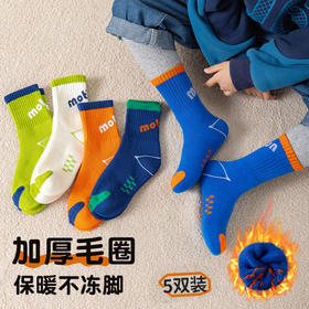 【袜噻！好暖和~童年就要肆意灿烂】五双装！男童袜子毛圈中大童 秋冬棉质中筒运动潮袜 儿童加厚毛圈学生袜-QQ