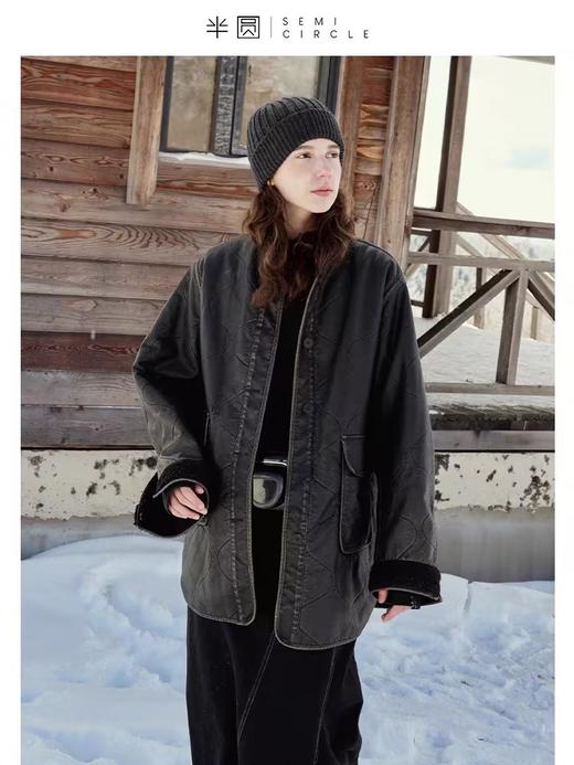半圆/D22303403/两面穿加绒加厚中长款皮质外套 商品图2
