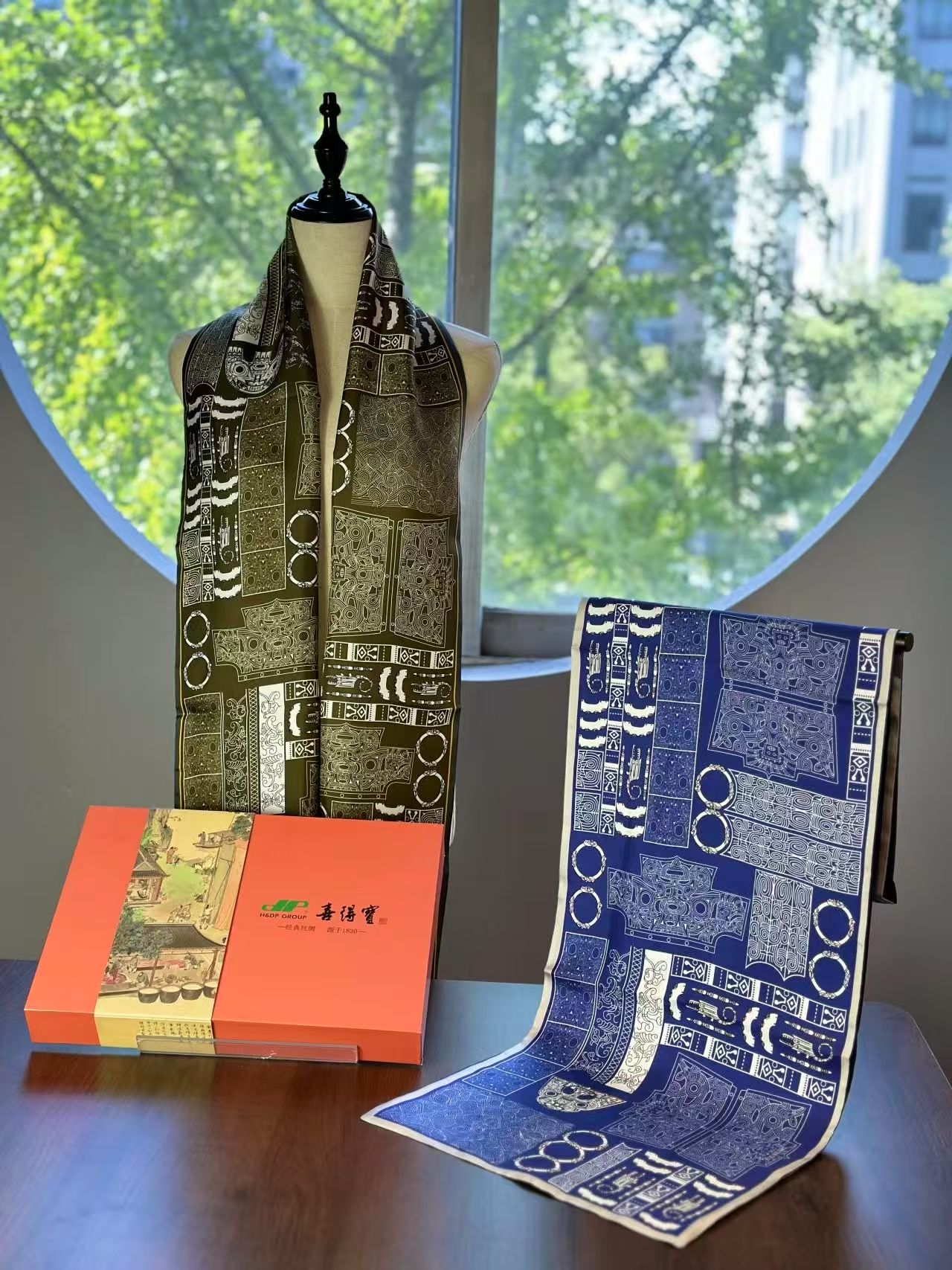 喜得宝文创丝巾良渚文化玉魂男式斜纹双层长巾杭州丝绸100%桑蚕丝三防科技