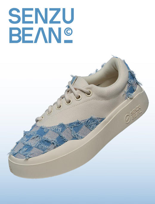 SENZU BEAN男鞋夏季透气SZB休闲鞋流苏牛仔布料防滑低帮平板潮鞋 蓝格流苏-白 商品图1