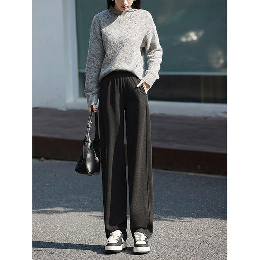 【1件6折】熙世界窄版加绒阔腿裤女秋冬新款长裤宽松垂感人字纹毛呢直筒裤子 商品图3