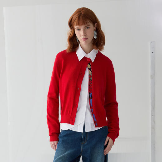 谜底短款针织开衫女2025春新品红色毛衣百搭单排扣毛衫251MZ0312 商品图0