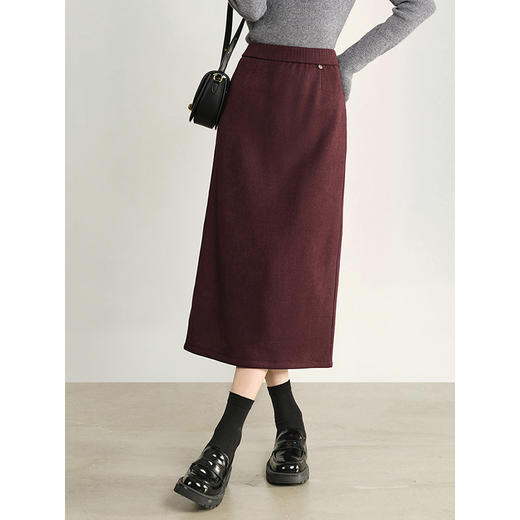 【年终特卖】熙世界针织加绒直筒半身裙女秋冬新款中长款气质开叉一步包臀裙子 商品图2