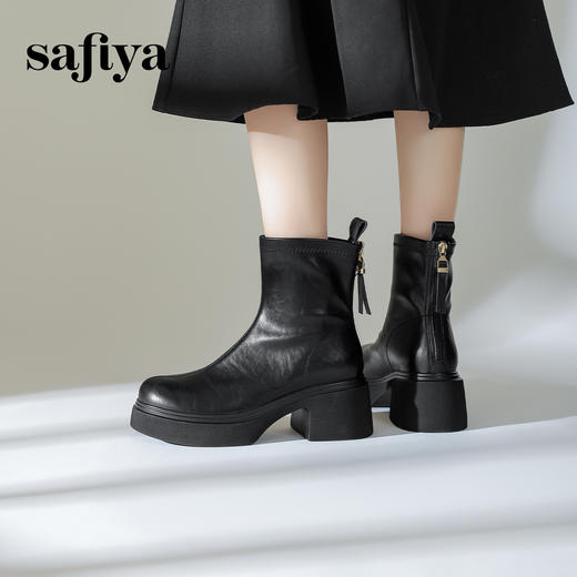 预售10天发|Safiya/索菲娅2024冬季甜酷圆头增高厚底粗跟时尚百搭加绒后拉链短踝靴SF44116415/SF44118415 商品图2