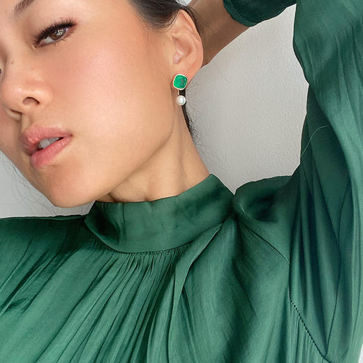 LHWINDSOR 湖水云边配色耳环绿水晶贝珠耳环简约气质珍珠耳饰 商品图2