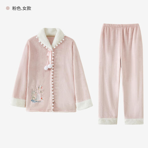 特价！秋冬法兰绒国风汉服加厚新中式保暖家居服套装精美刺绣珊瑚绒睡衣女士 商品图5