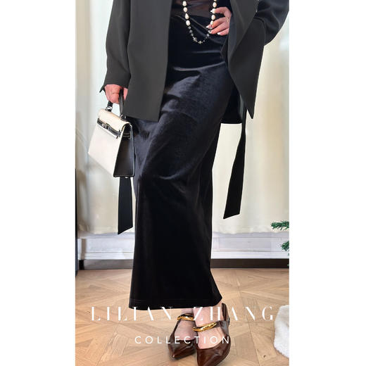 LILIAN ZHANG——定制、法式复古优雅丝绒高腰气质长半裙  2403015 商品图0