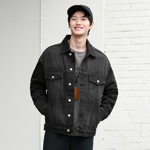 gxgjeans男装秋季个性印花夹克黑色翻领牛仔夹克外套男 商品图1