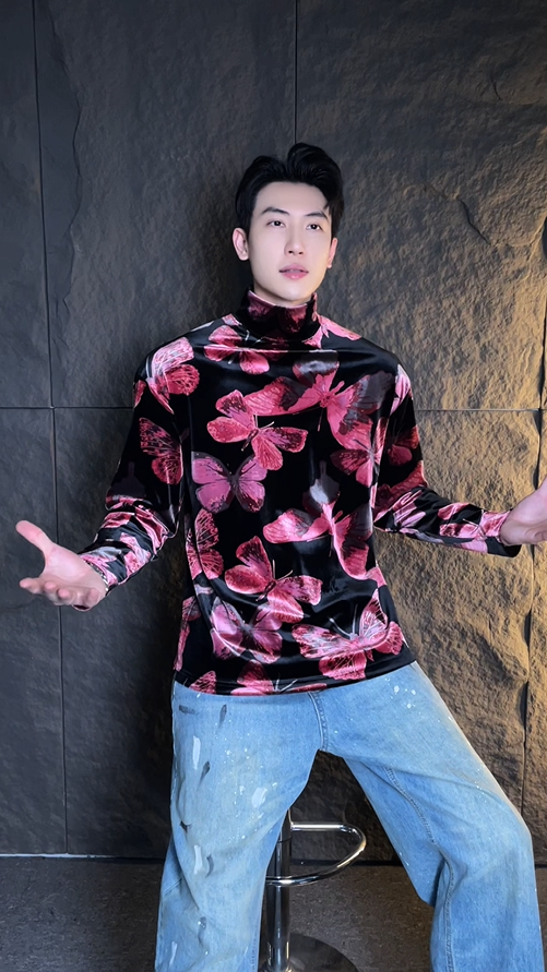 T1981秋冬季新款时尚个性绒面满印蝴蝶撞色半高领长袖T恤百搭复古简约