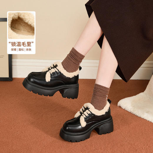 西遇加绒小皮鞋女冬季新款英伦风系带保暖棉鞋增高厚底乐福鞋V0047882 商品图0