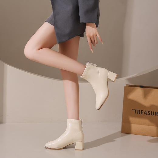 服装鞋包-新款靴子白色法式方头春秋单靴时尚中筒瘦瘦靴 商品图4