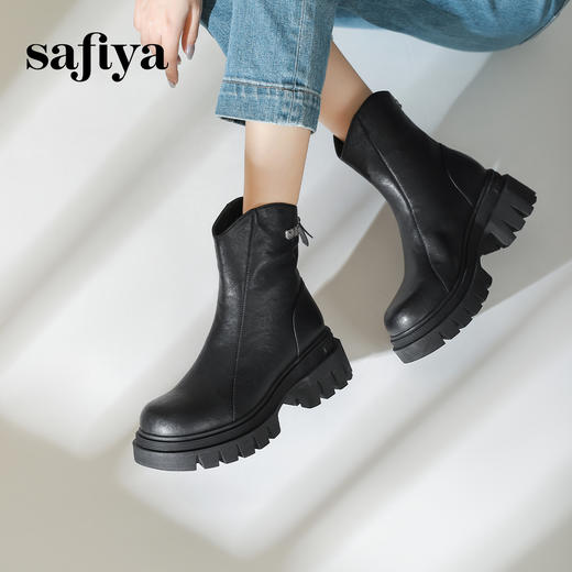 预售10天发|Safiya/索菲娅2024冬季休闲圆头增高厚底粗跟时尚百搭加绒后拉链短踝靴 SF44116414/SF44118414 商品图1