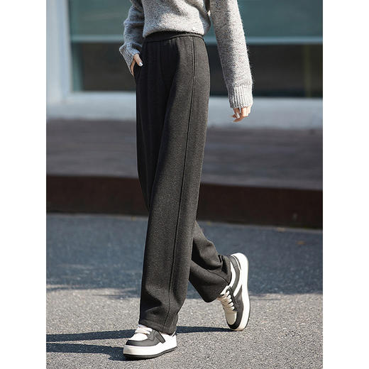 【1件6折】熙世界窄版加绒阔腿裤女秋冬新款长裤宽松垂感人字纹毛呢直筒裤子 商品图2