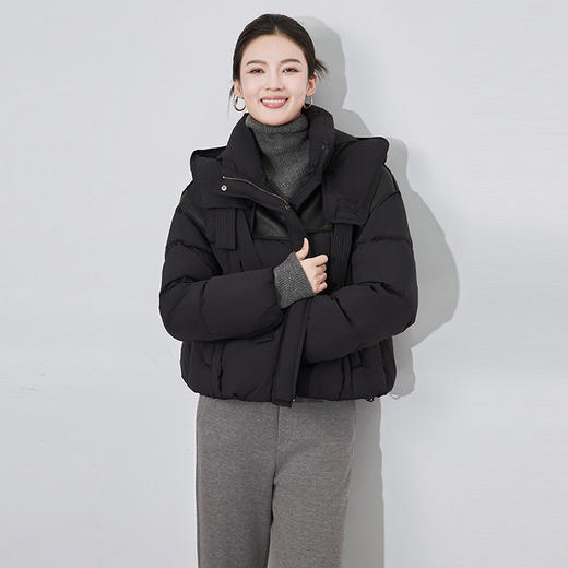 【高货wl】全新升级【铂金会员468/天猫629/差价161】(13410) 洛诗琳时尚暗扣皮革拼接连帽羽绒服90白鸭绒短款羽绒服女 商品图3