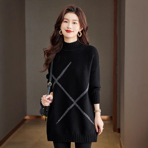 CC-JDS-8921新款秋冬大码慵懒风中长款半高领毛衣女宽松显瘦针织衫上衣厚 商品图1