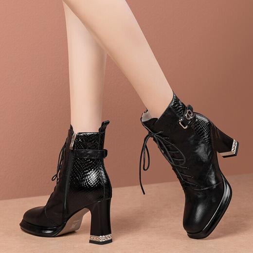 【预售5天】防水台粗跟短靴女秋冬系带中筒靴真皮方头厚底高跟时装靴JLR&3885 商品图3