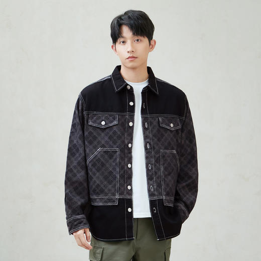 gxgjeans男装夹克秋季格纹拼接上衣牛仔翻领夹克外套男 商品图1