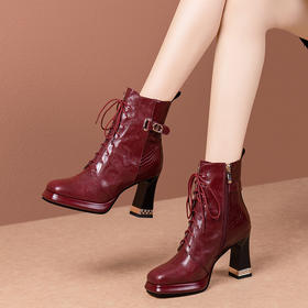 【预售5天】防水台粗跟短靴女秋冬系带中筒靴真皮方头厚底高跟时装靴JLR&3885