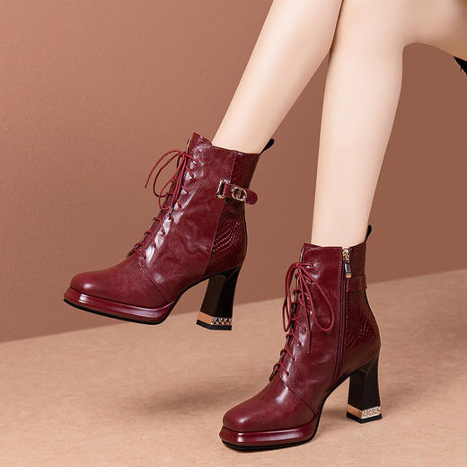 【预售5天】防水台粗跟短靴女秋冬系带中筒靴真皮方头厚底高跟时装靴JLR&3885 商品图0