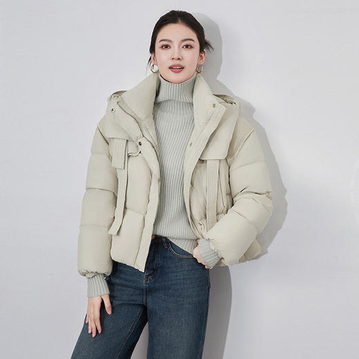 【高货wl】全新升级【铂金会员468/天猫629/差价161】(13410) 洛诗琳时尚暗扣皮革拼接连帽羽绒服90白鸭绒短款羽绒服女 商品图1