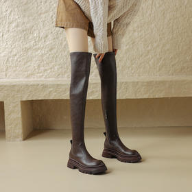 【预售7天】真皮厚底过膝靴女秋冬拼接长靴显瘦弹力瘦瘦靴高筒棕色骑士长筒靴KYD&KK7480