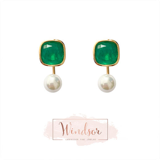 LHWINDSOR 湖水云边配色耳环绿水晶贝珠耳环简约气质珍珠耳饰 商品图0