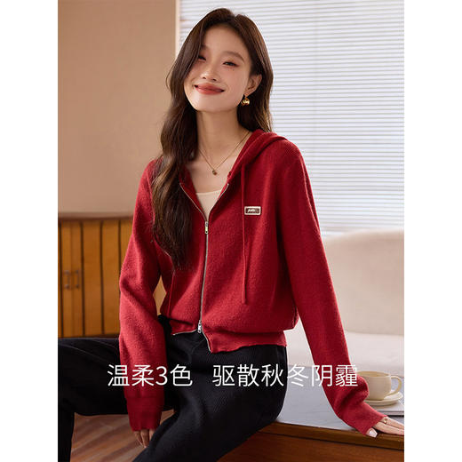 【年终特卖】熙世界双拉链连帽开衫毛衣女秋冬新款小个子休闲时尚短款针织外套 商品图2