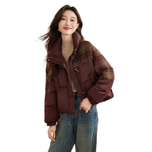 HR-WYN6107女式羽绒服2024冬季新款格子拼接加厚羽绒服百搭宽松白鸭绒外套 商品图4