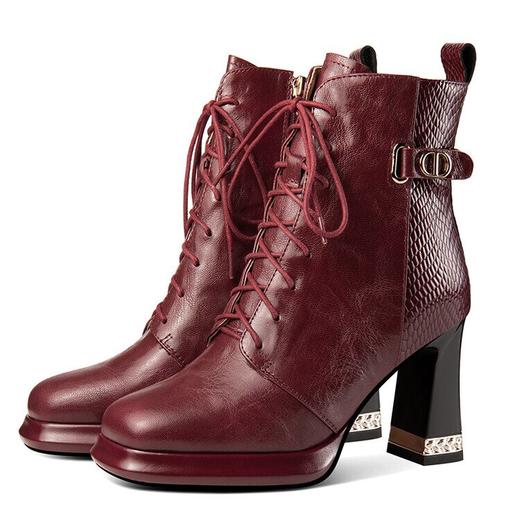 【预售5天】防水台粗跟短靴女秋冬系带中筒靴真皮方头厚底高跟时装靴JLR&3885 商品图4