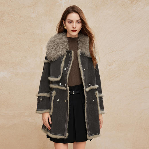 PP606斯尔丽2024冬季新款皮毛一体大翻领时尚减龄拼接机车风皮草长外套 商品图2