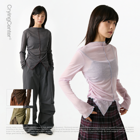 CryingCenter 低饱和撞色线收腰抽褶燕尾摆长袖上衣 哭喊中心