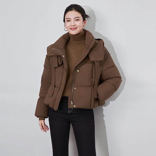 【高货wl】全新升级【铂金会员468/天猫629/差价161】(13410) 洛诗琳时尚暗扣皮革拼接连帽羽绒服90白鸭绒短款羽绒服女 商品图2