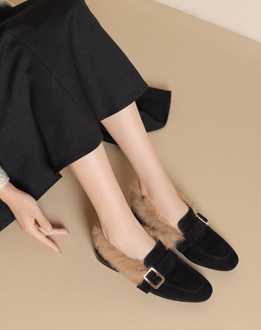 西村名物2024新款女秋冬季外穿高级感厚底一脚蹬小香风加绒毛毛鞋T24DM46661 商品图7