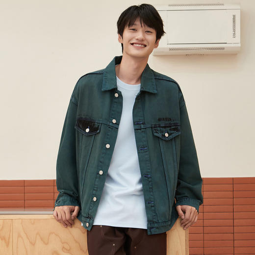gxgjeans男装秋季墨绿色翻领夹克刺绣上衣牛仔夹克外套男JE1210068L 商品图1