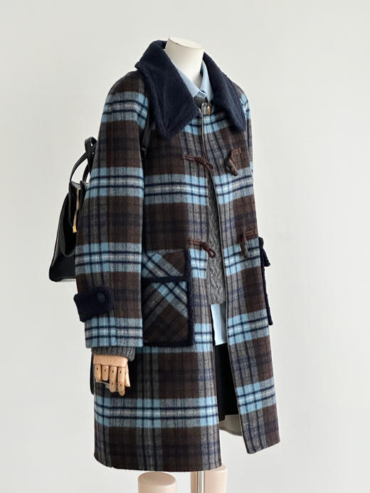 【复古格调】24新款咖蓝格复古时尚牛角扣设计师韩系毛呢大衣外套！ 商品图5