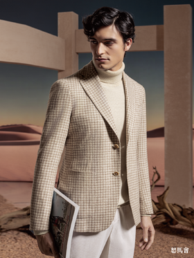 Stylbiella 羊毛蚕丝棉混织340克重米色千鸟格全麻衬单西