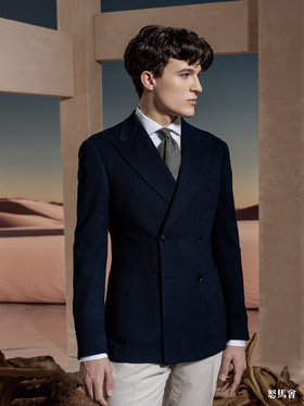 Stylbiella 羊毛棉混织550克重藏蓝色暗条纹全麻衬单西