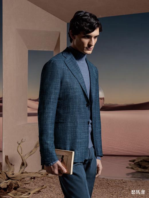 Stylbiella 羊毛竹纤维混织300克重蓝色格纹全麻衬单西 商品图0