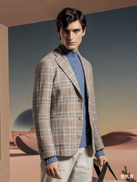 Stylbiella 羊毛蚕丝棉混织340克重米棕色格纹全麻衬单西