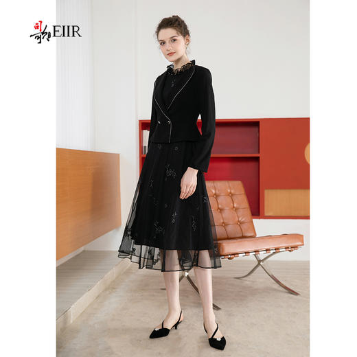 司歌假两件连衣裙网纱刺绣收腰长袖端庄大气A901102X 商品图1