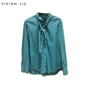 VIVIAN LIU R2443005初秋女装新款小翻领系带不规则下摆长袖衬衫