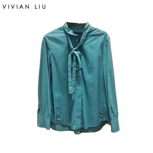 VIVIAN LIU R2443005初秋女装新款小翻领系带不规则下摆长袖衬衫 商品图0