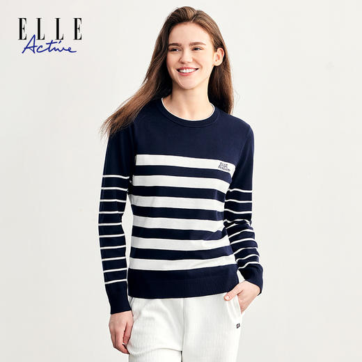 ELLE Active秋冬新款休闲条纹圆领套头毛衣时尚毛针织衫上衣 商品图3