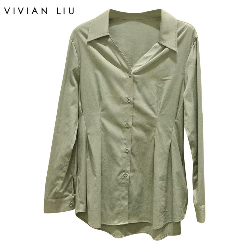 VIVIAN LIU R2443006初秋女装新款翻V领不规则下摆长袖衬衫