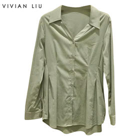 VIVIAN LIU R2443006初秋女装新款翻V领不规则下摆长袖衬衫
