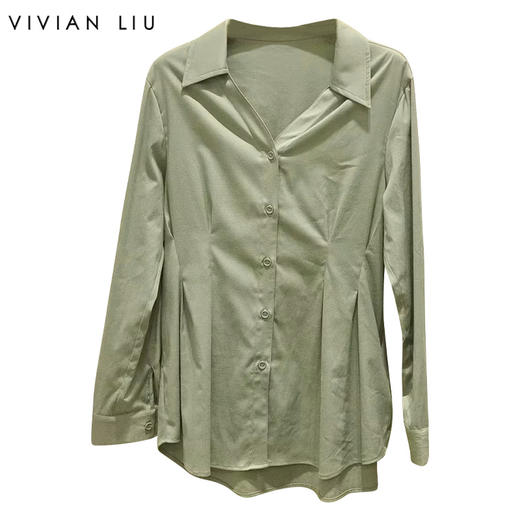 VIVIAN LIU R2443006初秋女装新款翻V领不规则下摆长袖衬衫 商品图0