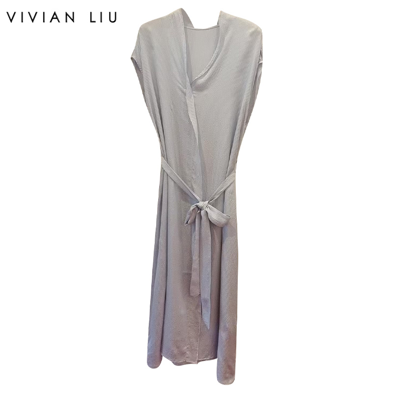 VIVIAN LIU TZ2414103梅春女装新款V领花边系带无袖长款连衣裙