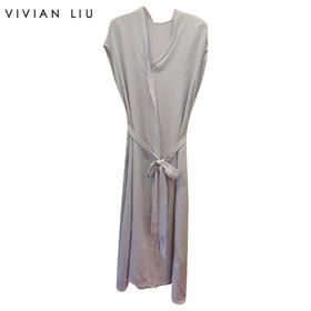 VIVIAN LIU TZ2414103梅春女装新款V领花边系带无袖长款连衣裙